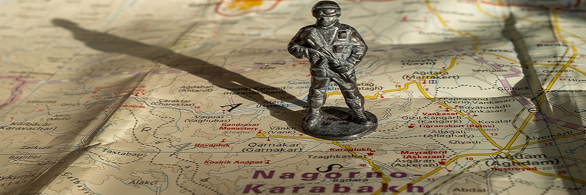 Metallic soldier located on a map over the Nagorno Karabakh